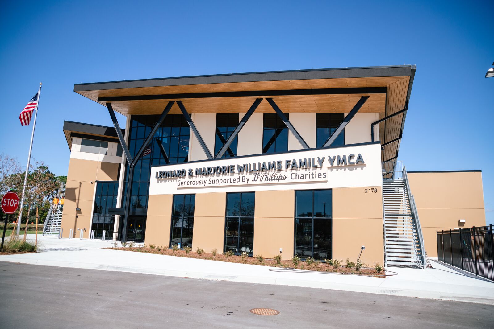 Outside picture of the new Leonard & Marjorie Williams Family YMCA building