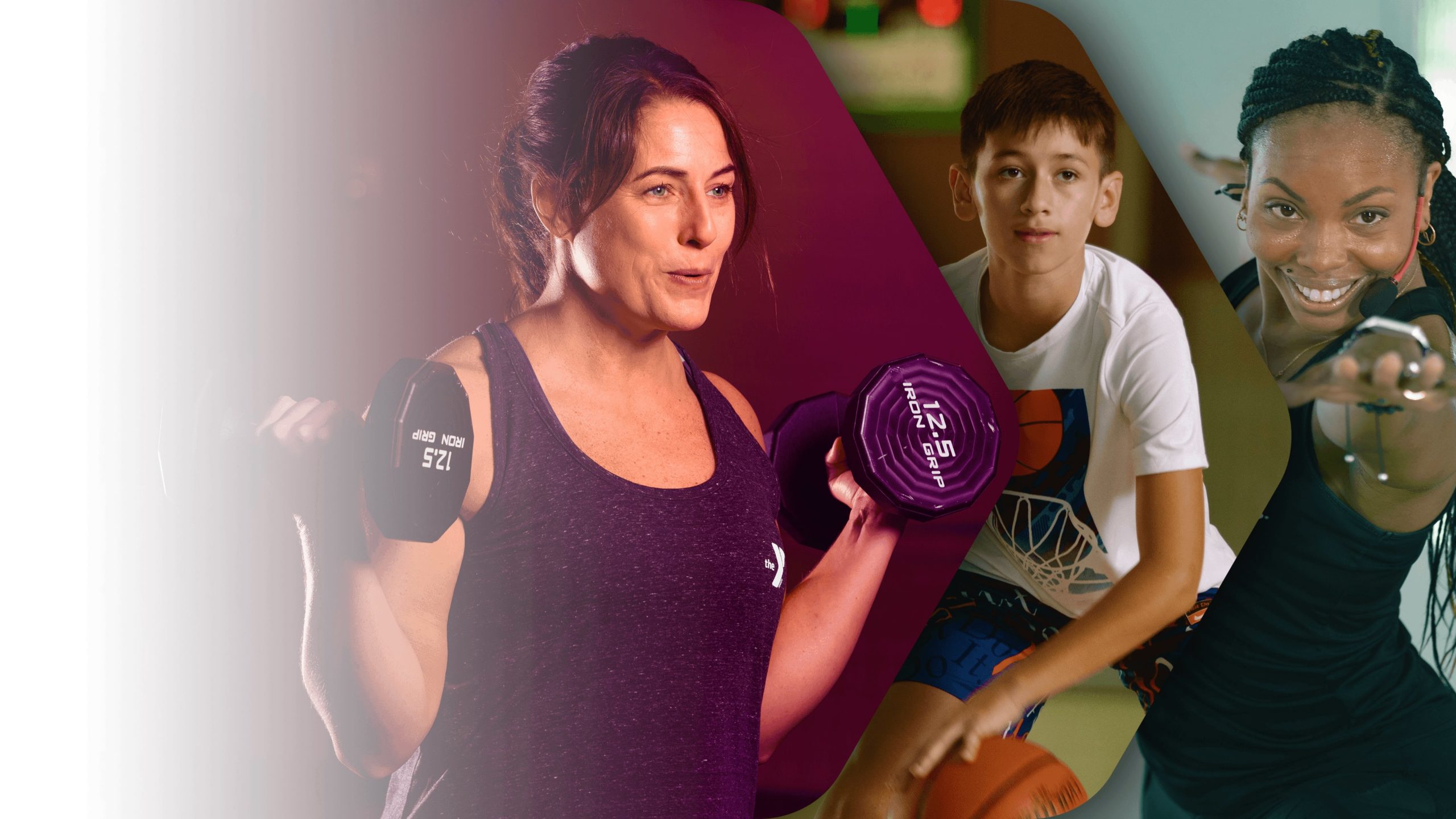 Decorative chevron image of woman holding barbells, boy working out, and another woman doing yoga